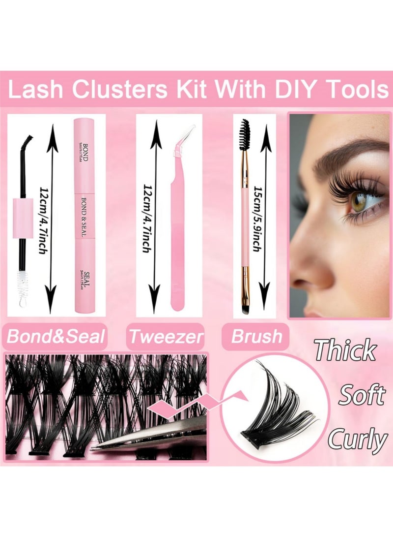 saykfoe Lash Clusters Kit, 640 Pcs Eyelashes Clusters Extensions Kit 9-16mm Individual Lashes D Curl Fluffy Wispy False Eyelashes Thin Band with Bond Seal Tweezers Brush DIY (30D+40D+50D+60D Kit 9-16mm) - Image 3
